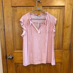 LOFT Pink Ruffle Tie-Neck Blouse
